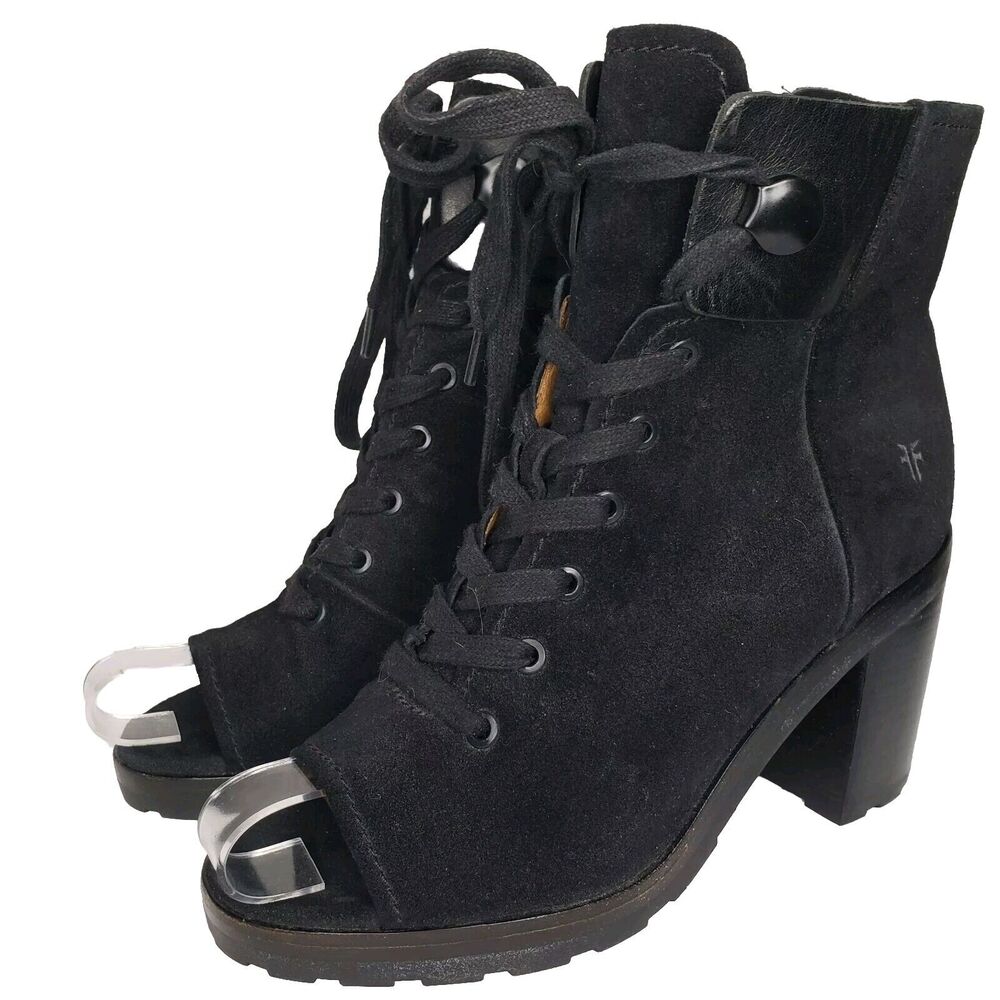 FRYE Danica Lug Combat Booties Lace Up Peep Toe Black Suede Leather Boots Sz 6 M